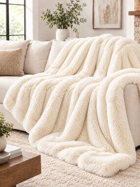 Frye Luxurious Soft Plush Throw Blanket in Ivory 60x70 New